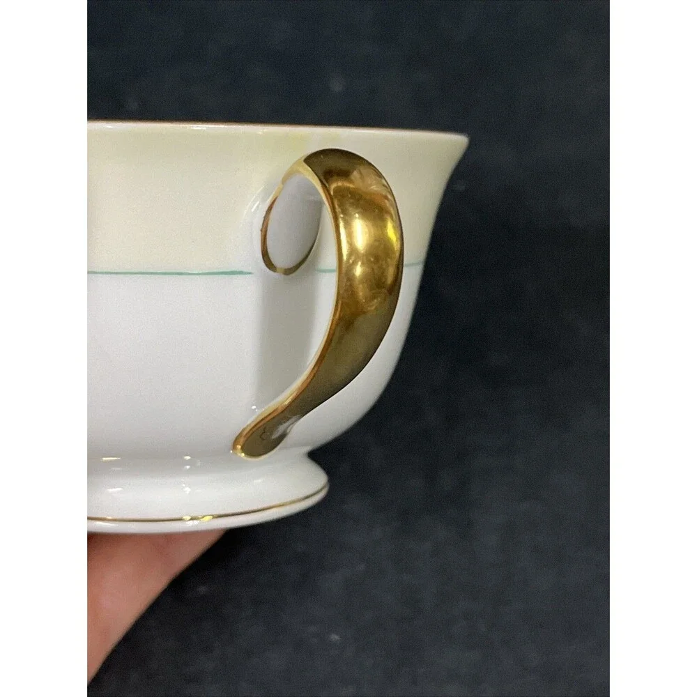1930s Noritake Tiffany M Teacup Saucer Plate 4 Pc Set Gold Trim Ivory Aqua Beige